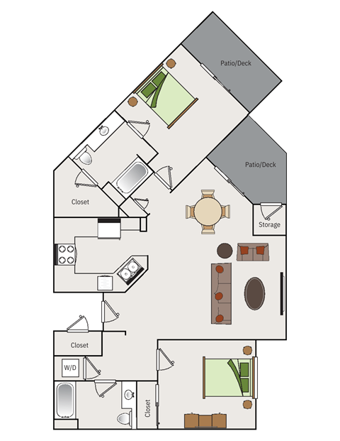 Floor plan for 2 beds, 2 baths, 1035 sqft